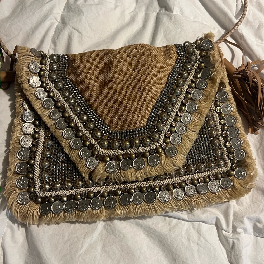 Bohemian Tan and Silver Embellished Women's Bag